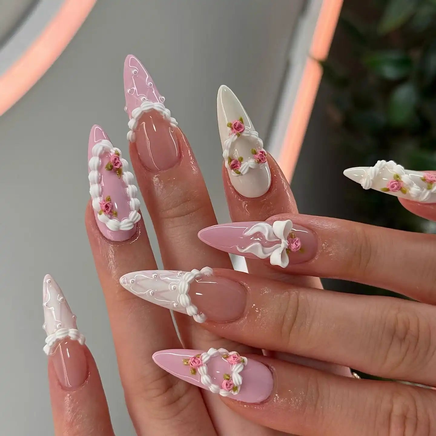 Handmade 3D Blush Vintage Florals Ribbon White and Pink Press on Nails V76