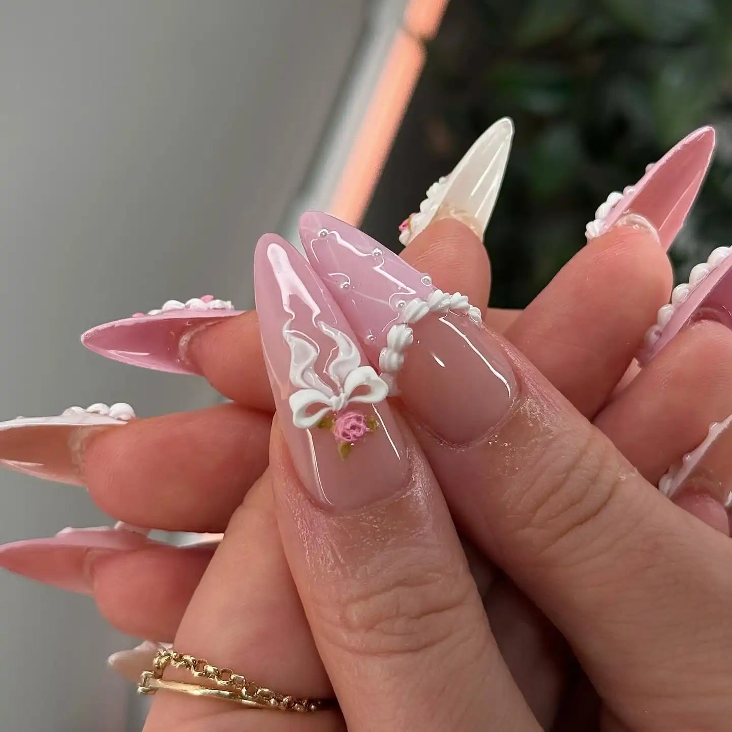 Handmade 3D Blush Vintage Florals Ribbon White and Pink Press on Nails V76