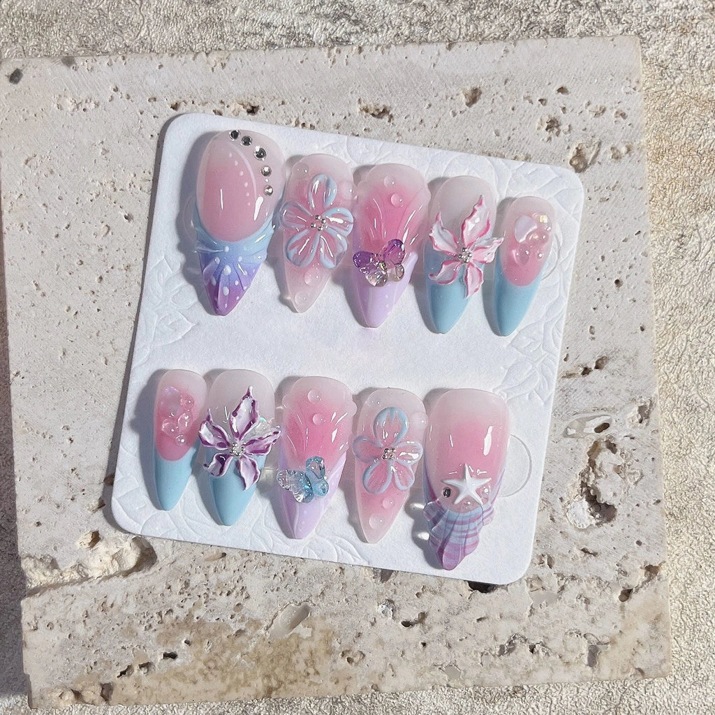 Handmade 3D Butterfly Floral Pastel Aura Ribbon Bow Tie Press on Nails Z88