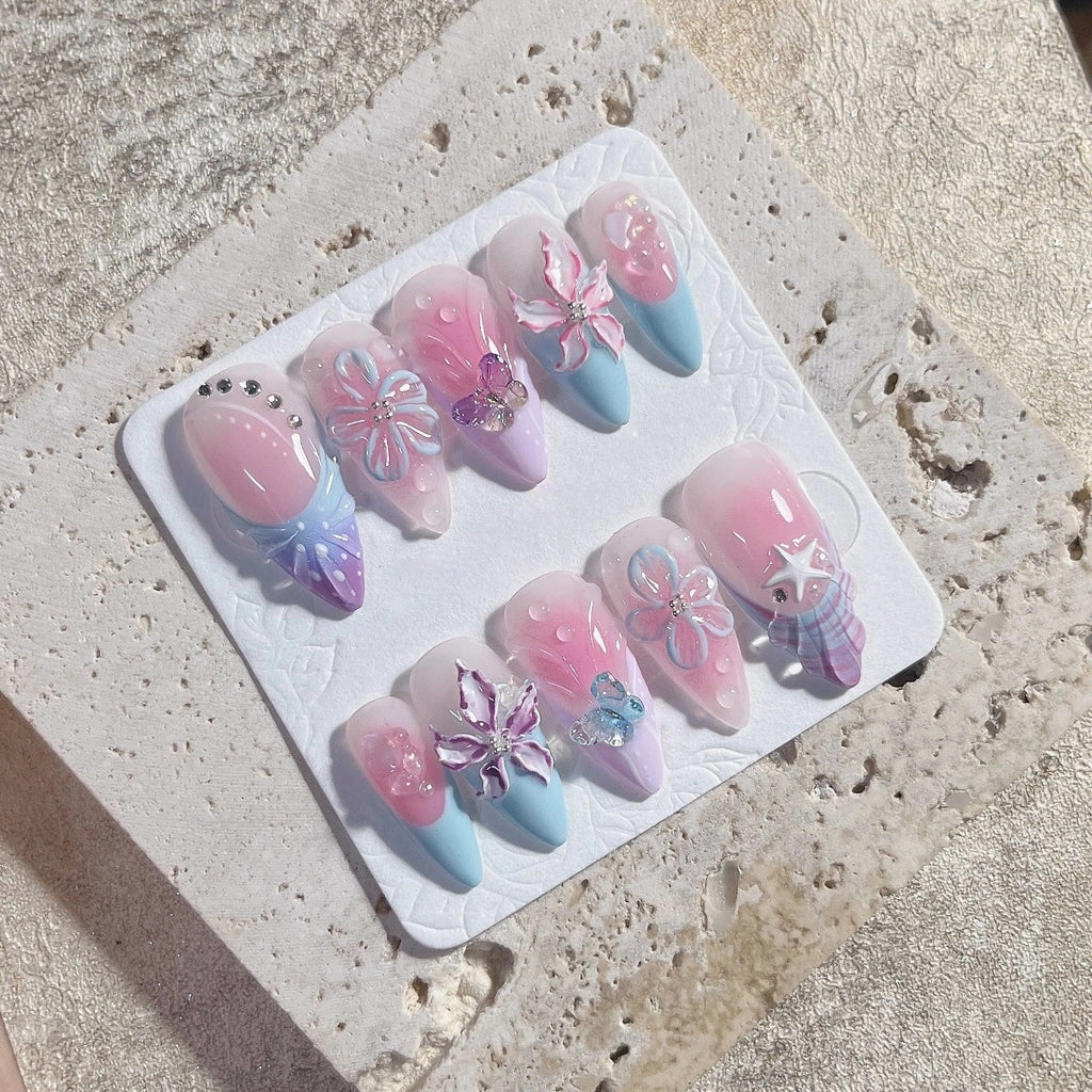 Handmade 3D Butterfly Floral Pastel Aura Ribbon Bow Tie Press on Nails Z88
