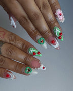Handmade 3D Cake Design Green Red Heart Bow Kawaii Press on Nails V75