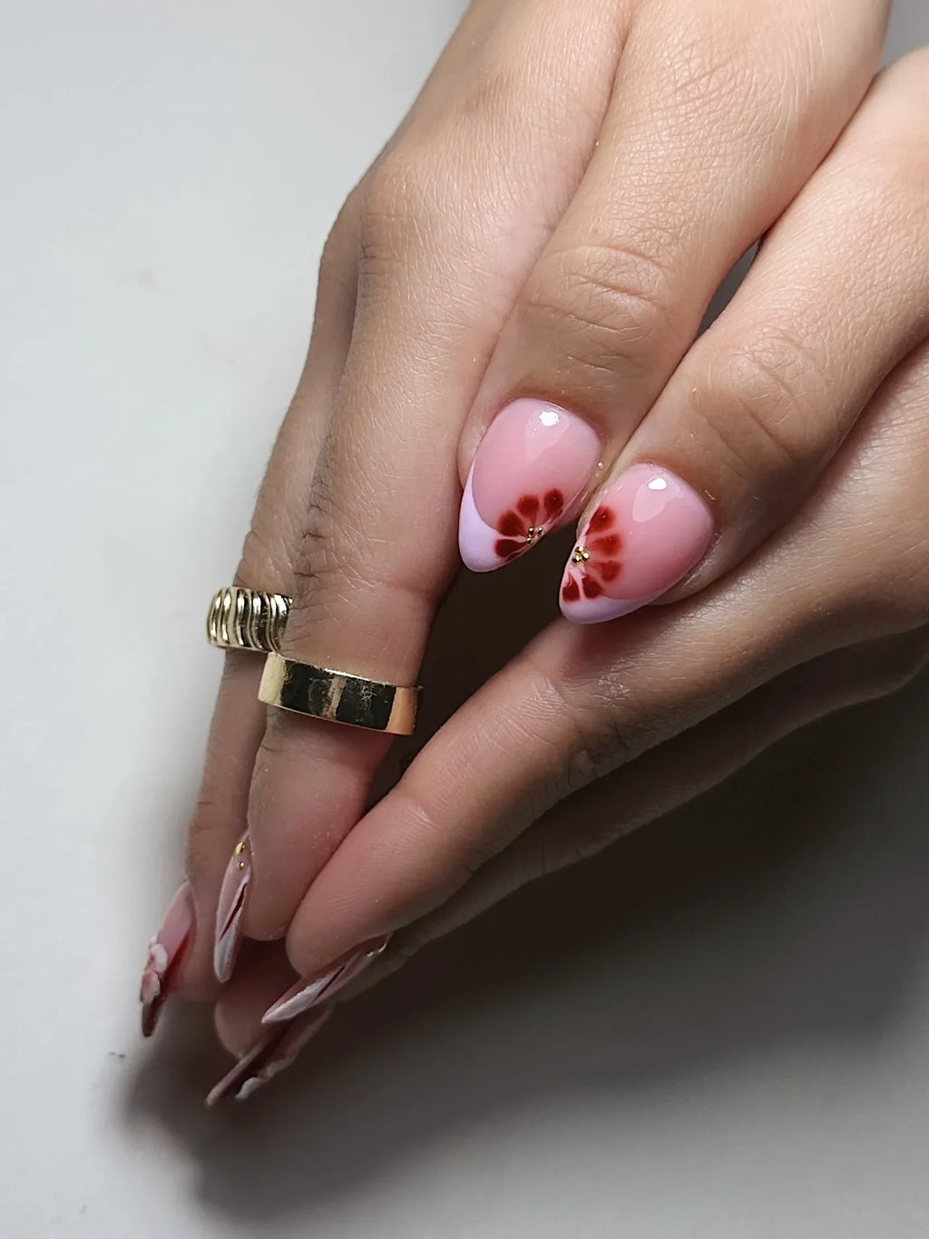 Handmade 3D Cherry Blossom Red Floral French Tip Gold Bead Press on Nails X72