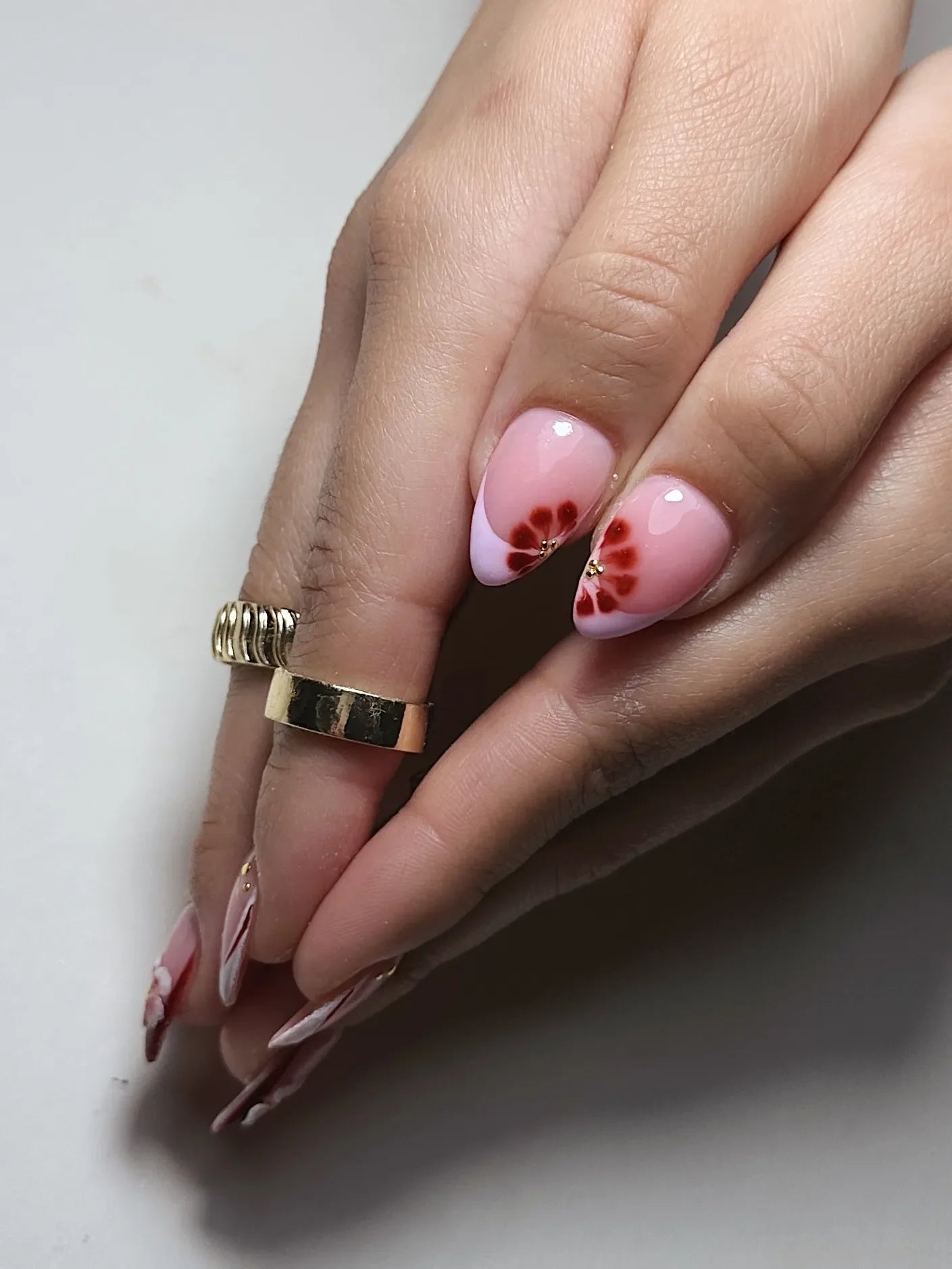 Handmade 3D Cherry Blossom Red Floral French Tip Gold Bead Press on Nails X72