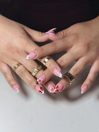 Handmade 3D Cherry Blossom Red Floral French Tip Gold Bead Press on Nails X72