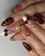 Handmade 3D Cherry Chocolate Tortoise Shell Animal Print Press on Nails D18