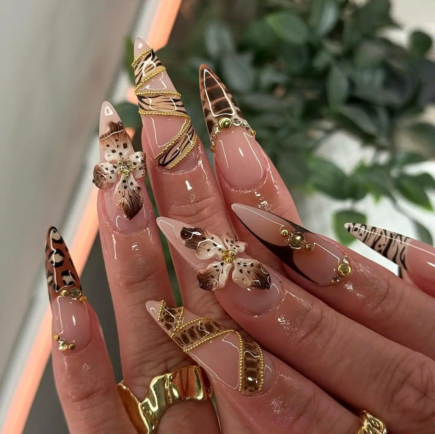 Handmade 3D Floral Chain Leopard Print Brown Press on Nails H21