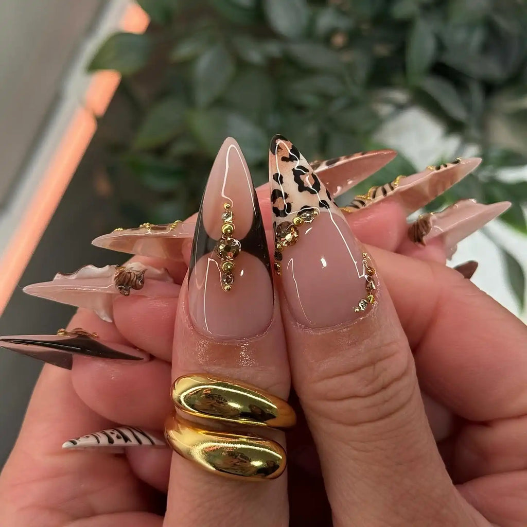 Handmade 3D Floral Chain Leopard Print Brown Press on Nails H21