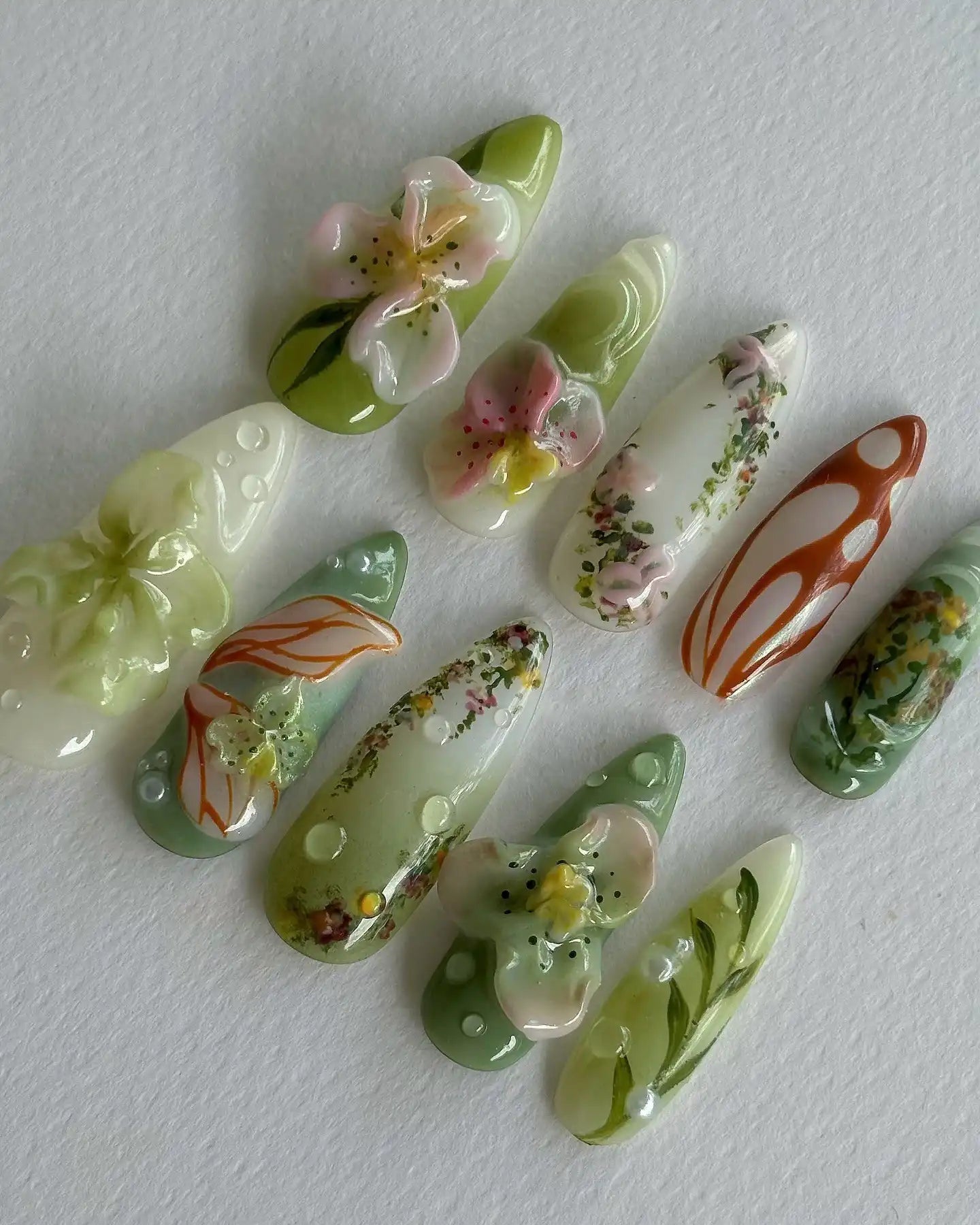 Handmade 3D Floral Green Vines Abstract Garden Spring Press on Nails A47