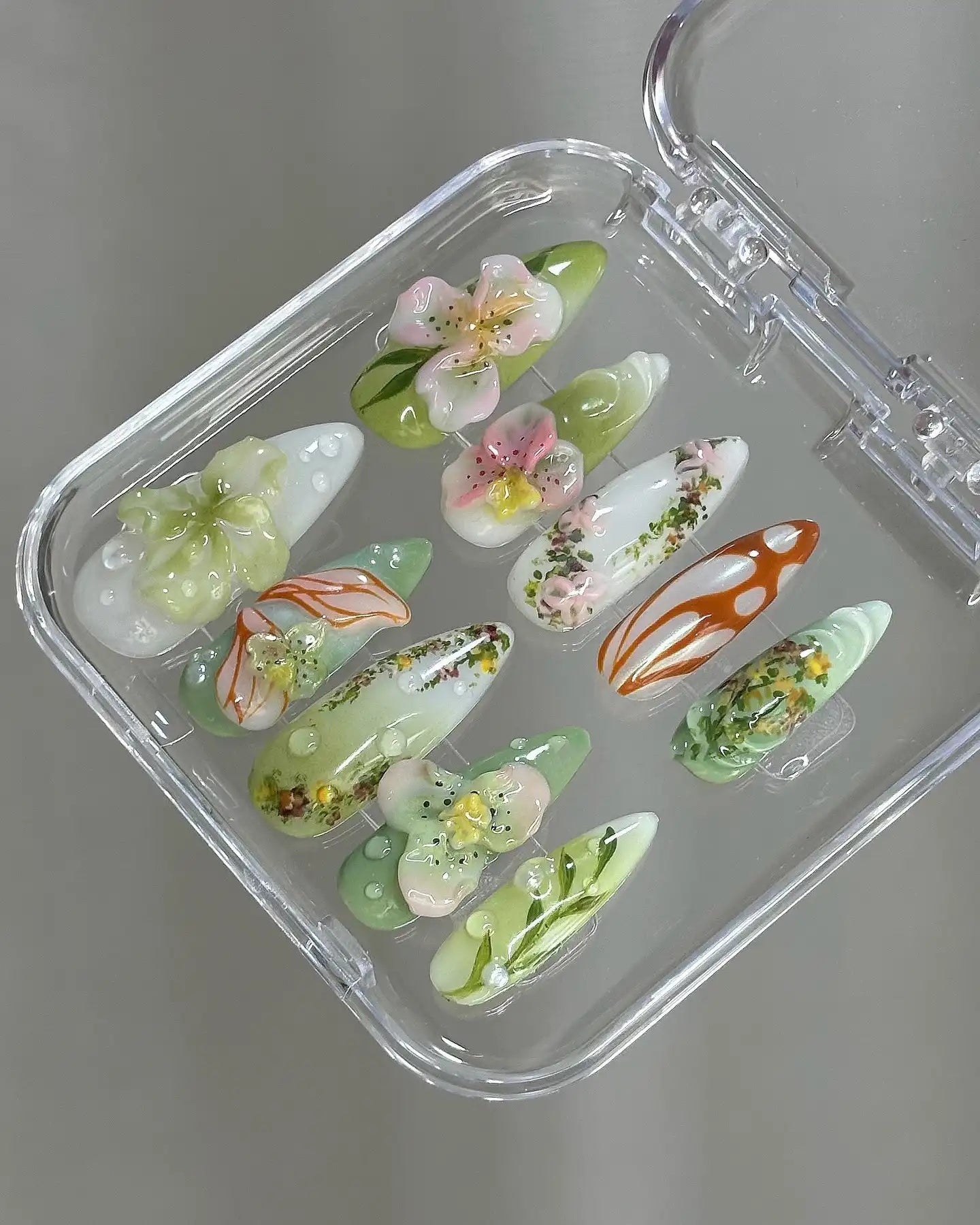 Handmade 3D Floral Green Vines Abstract Garden Spring Press on Nails A47