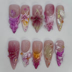 Handmade 3D Floral Iridescent Pink Abstract Art Press on Nails U30