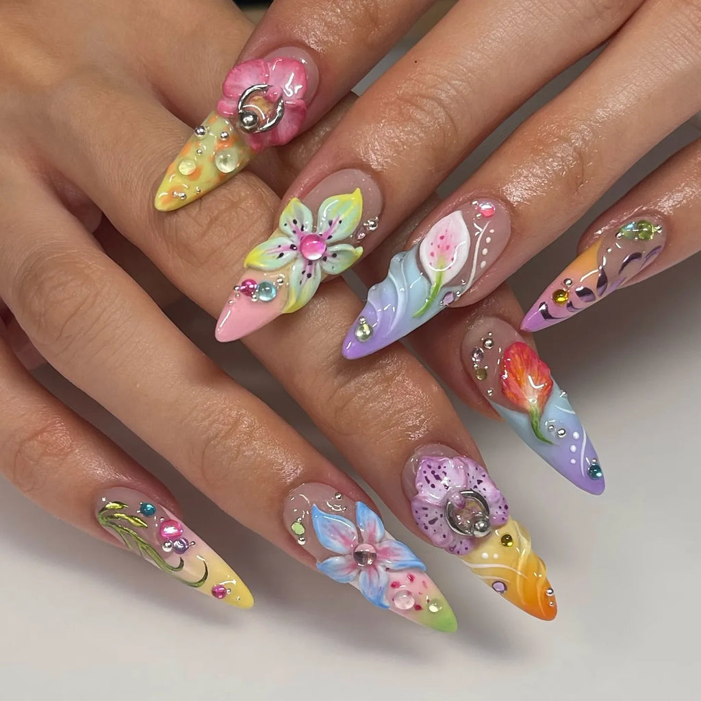 Handmade 3D Floral Ombre Rainbow Art Bling Wedding Event Spring Press on Nails X25