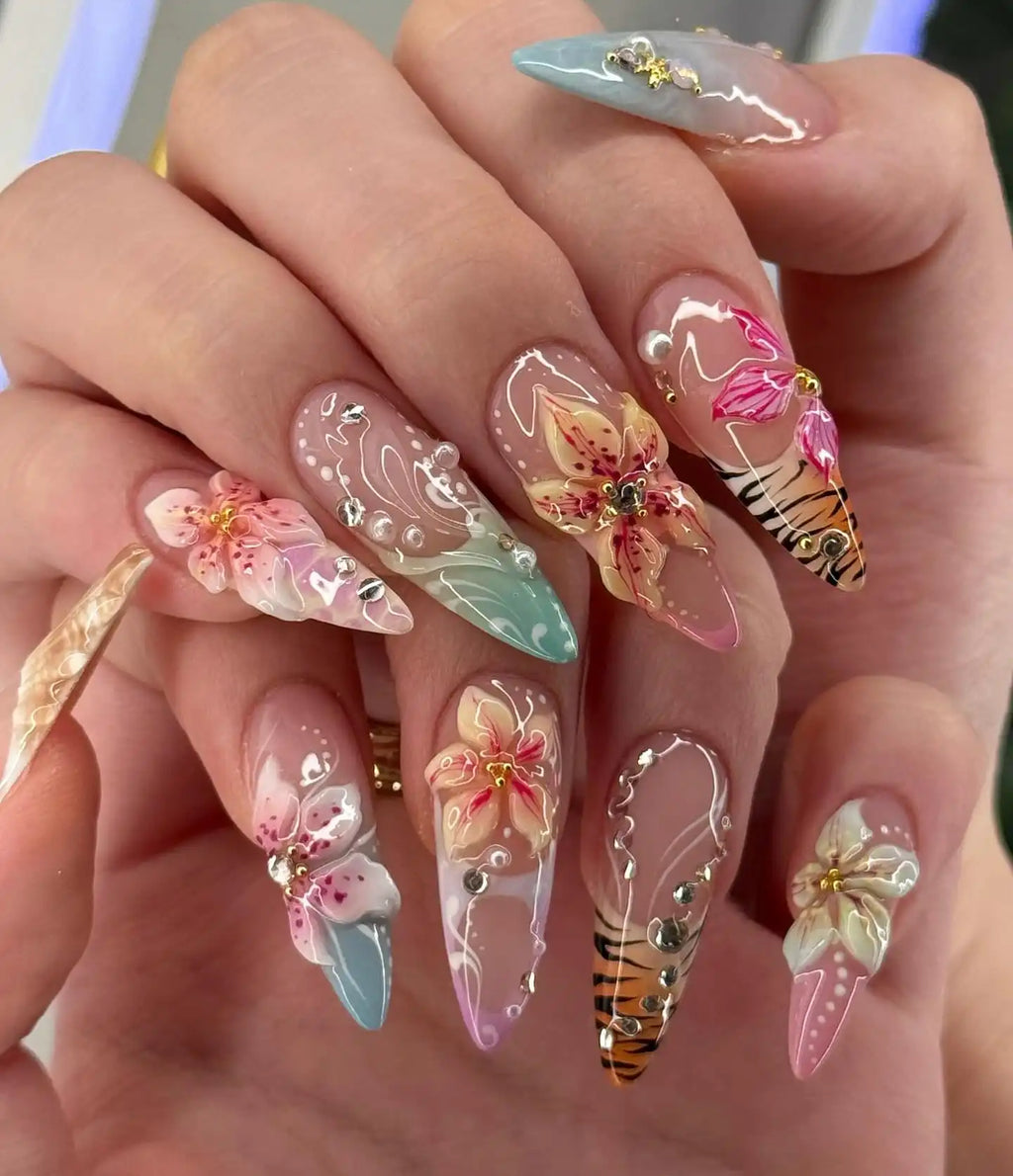 Handmade 3D Floral Ombre Tiger Print Rhinestone Summer Press on Nails M80