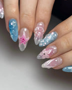 Handmade 3D Floral Seashell Blue Pink Mermaid Dreamy Press on Nails B18