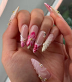 Handmade 3D Floral Textured Pink White French Tip Pearl Press on Nails Y35