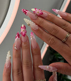Handmade 3D Floral Textured Pink White French Tip Pearl Press on Nails Y35