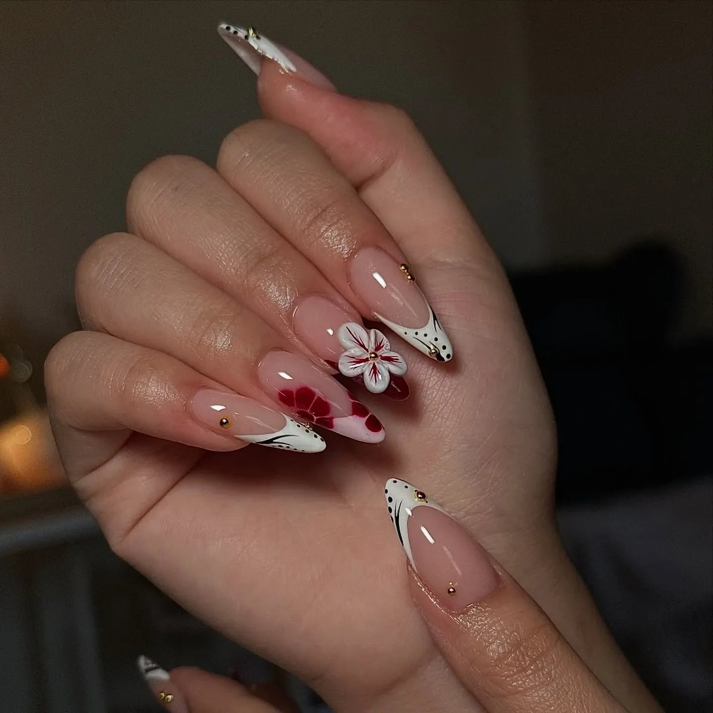 Handmade 3D Flower Red White Black Dot French Tip Press on Nails M69