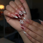 Handmade 3D Flower Red White Black Dot French Tip Press on Nails M69