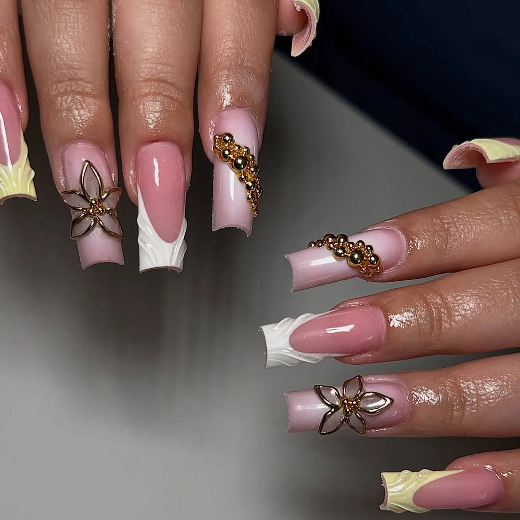Handmade 3D Flower White Yellow French Tip Gold Press on Nails W25