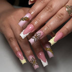 Handmade 3D Flower White Yellow French Tip Gold Press on Nails W25