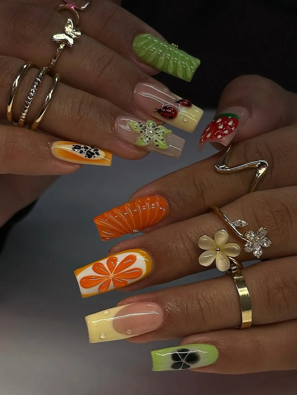 Handmade 3D Fruit Slice Orange Kiwi Summer Ladybug Press on Nails M24