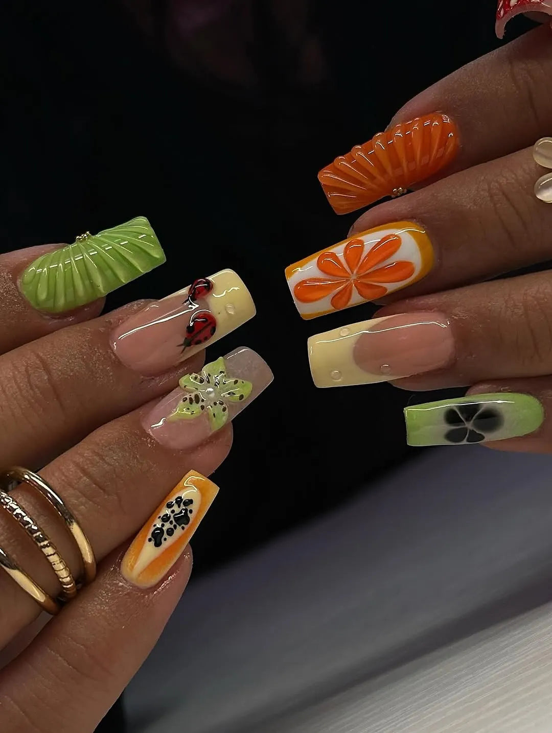 Handmade 3D Fruit Slice Orange Kiwi Summer Ladybug Press on Nails M24