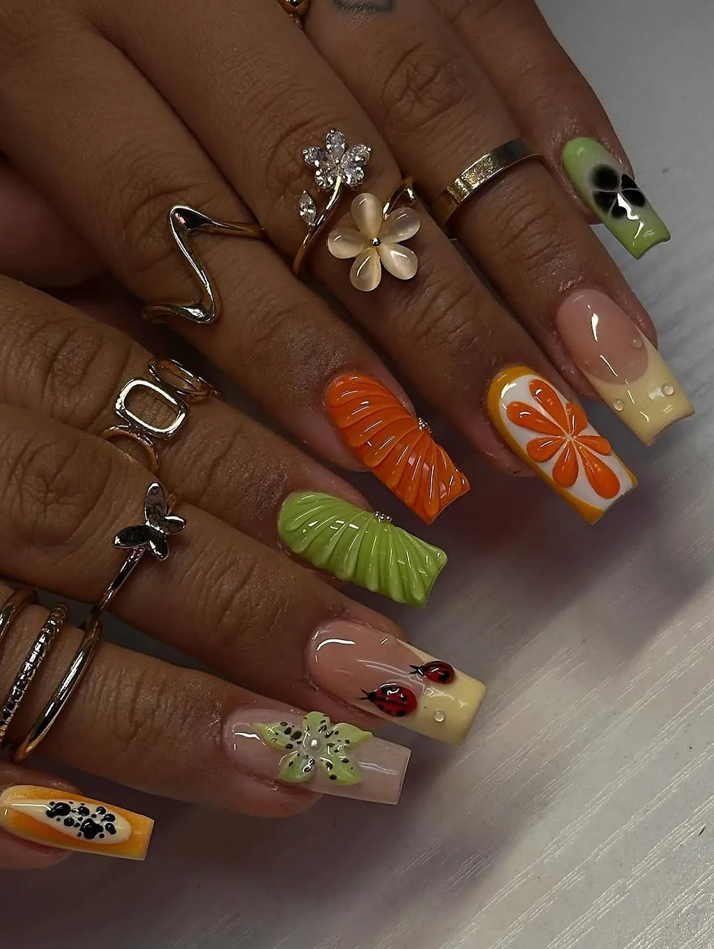 Handmade 3D Fruit Slice Orange Kiwi Summer Ladybug Press on Nails M24