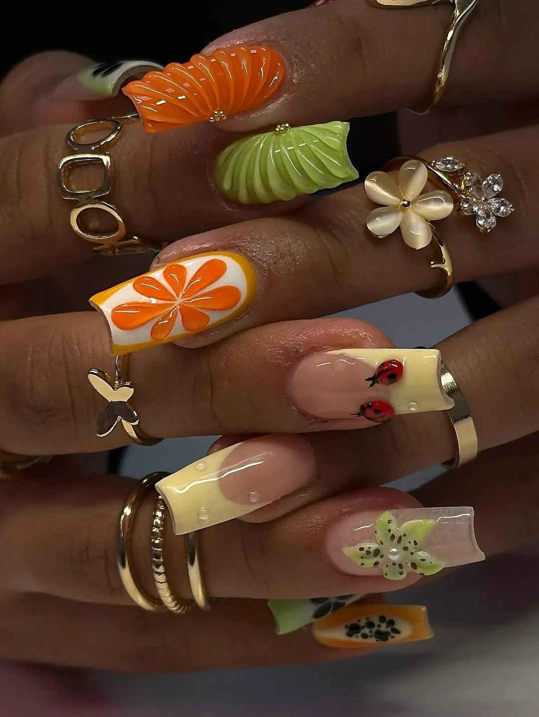 Handmade 3D Fruit Slice Orange Kiwi Summer Ladybug Press on Nails M24