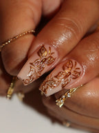 Handmade 3D Gold Chrome Butterfly Floral Nude Luxury Elegance Press on Nails B08