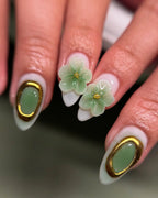Handmade 3D Green Gold Floral Luxury Press on Nails P50