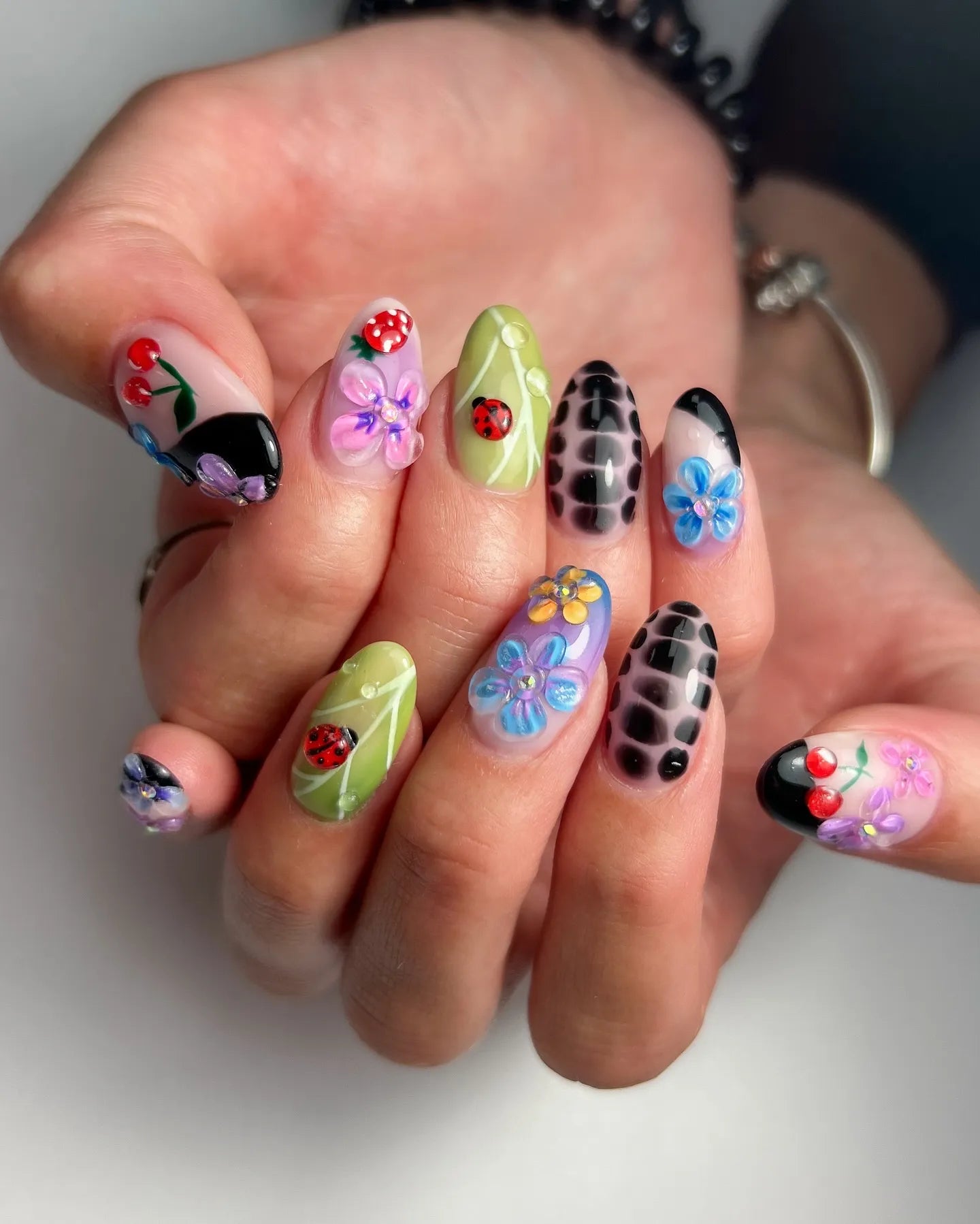 Handmade 3D Ladybug Floral Cherry Artistic Press on Nails G60