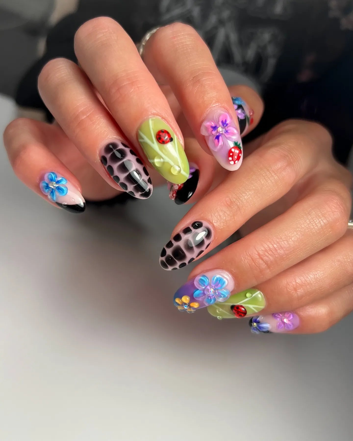 Handmade 3D Ladybug Floral Cherry Artistic Press on Nails G60
