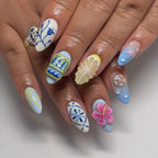 Handmade 3D Lemon Floral Blue and White Summer Vacation Resort Press on Nails H14