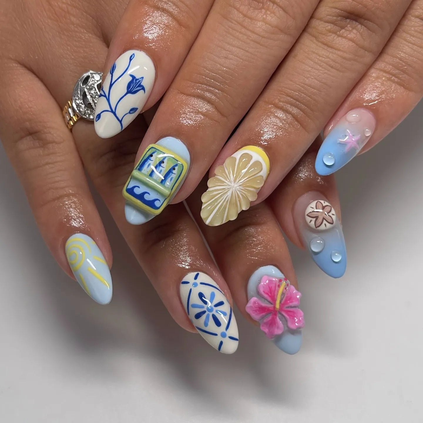 Handmade 3D Lemon Floral Blue and White Summer Vacation Resort Press on Nails H14