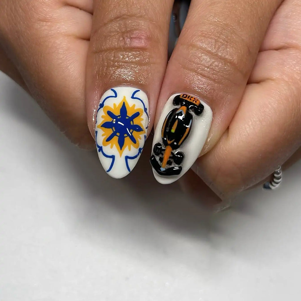 Handmade 3D Lemon Floral Blue and White Summer Vacation Resort Press on Nails H14