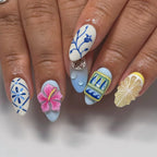 Handmade 3D Lemon Floral Blue and White Summer Vacation Resort Press on Nails H14