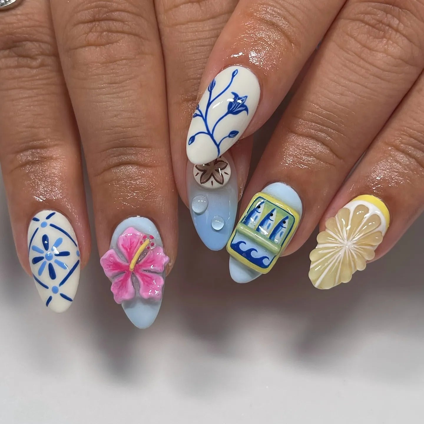 Handmade 3D Lemon Floral Blue and White Summer Vacation Resort Press on Nails H14