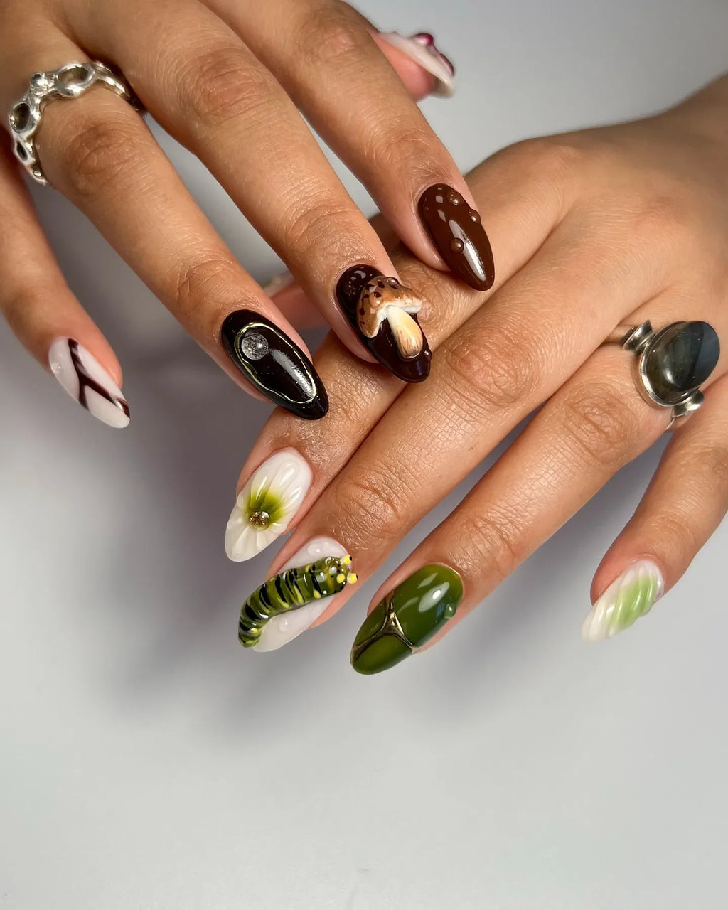 Handmade 3D Mushroom Caterpillar Forest Nature Green Brown Press on Nails M42