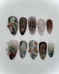 Handmade 3D Mushroom Moss Green Earth Tone Dark Press on Nails E20
