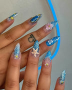 Handmade 3D Ocean Bloom Starfish Seashell Blue Summer Reusable Press on Nails P70