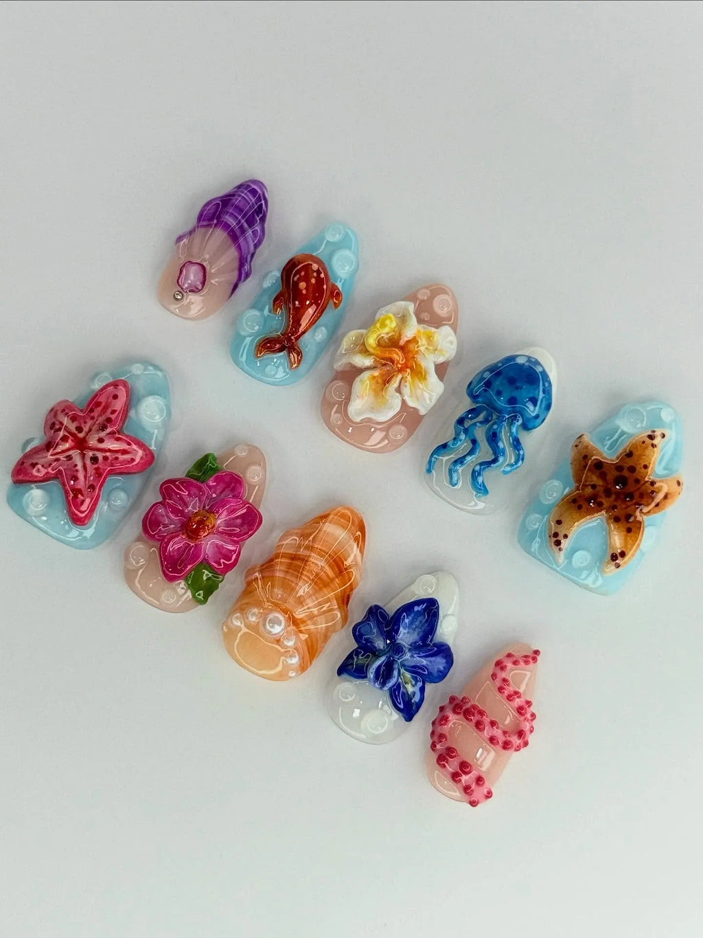 Handmade 3D Ocean Reef Starfish Jellyfish Tropical Press on Nails E75
