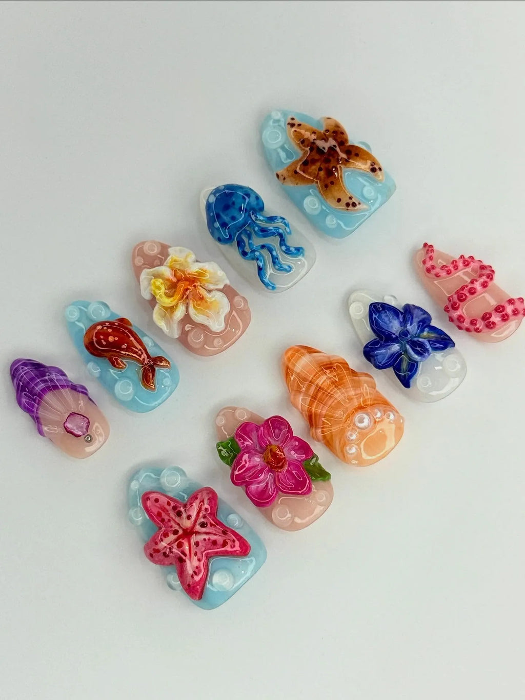 Handmade 3D Ocean Reef Starfish Jellyfish Tropical Press on Nails E75