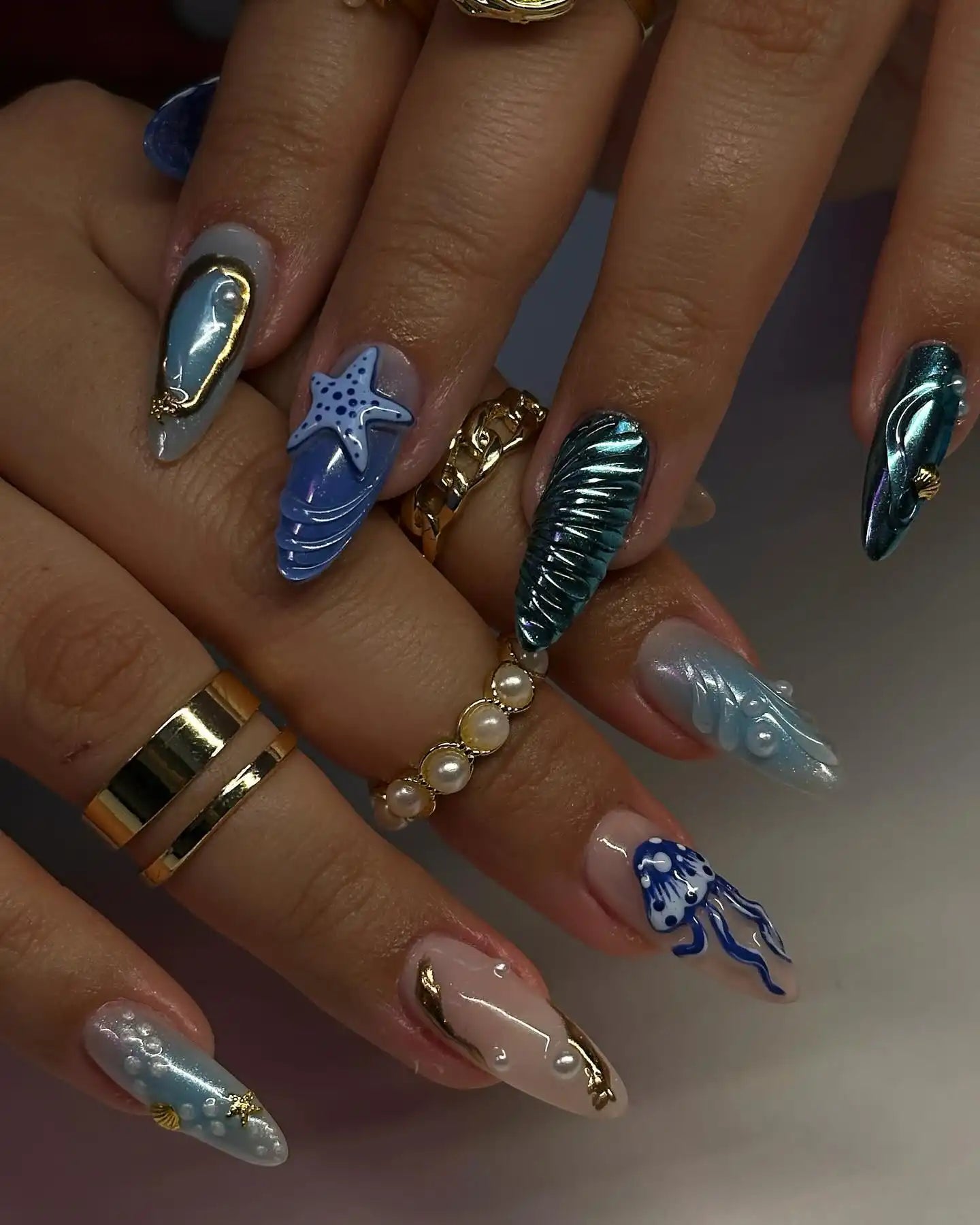 Handmade 3D Ocean Seashell and Starfish Design for Summer Press on Nails E86