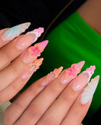 Handmade 3D Pastel Mermaid Shell Tropical Floral Pearl Artistic Press on Nails V28