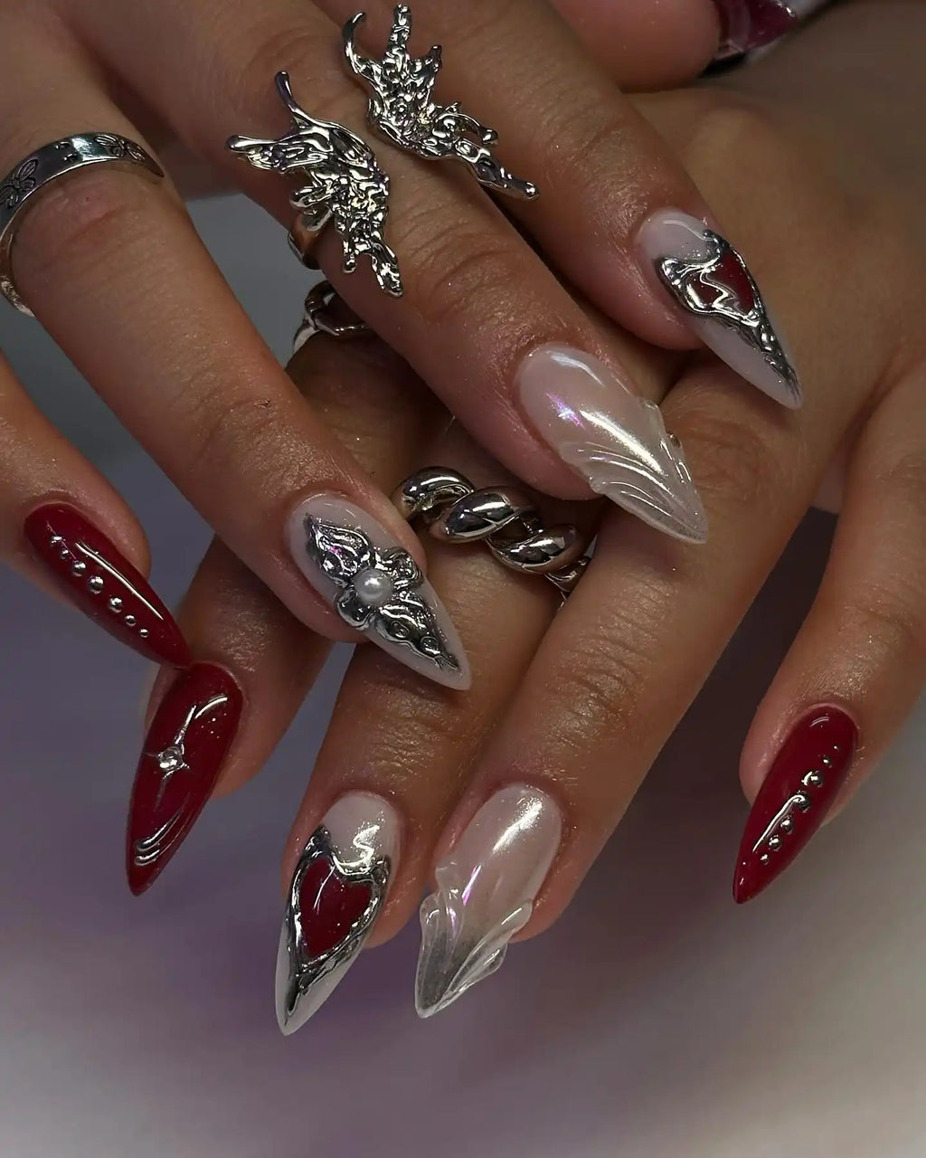 Handmade 3D Pearl Chrome and Red Gothic Heart Press on Nails A24