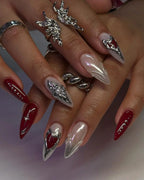 Handmade 3D Pearl Chrome and Red Gothic Heart Press on Nails A24