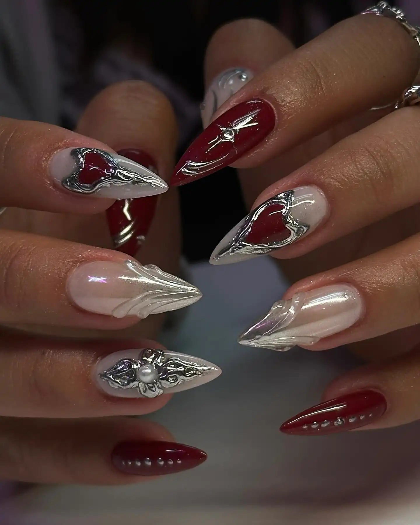 Handmade 3D Pearl Chrome and Red Gothic Heart Press on Nails A24
