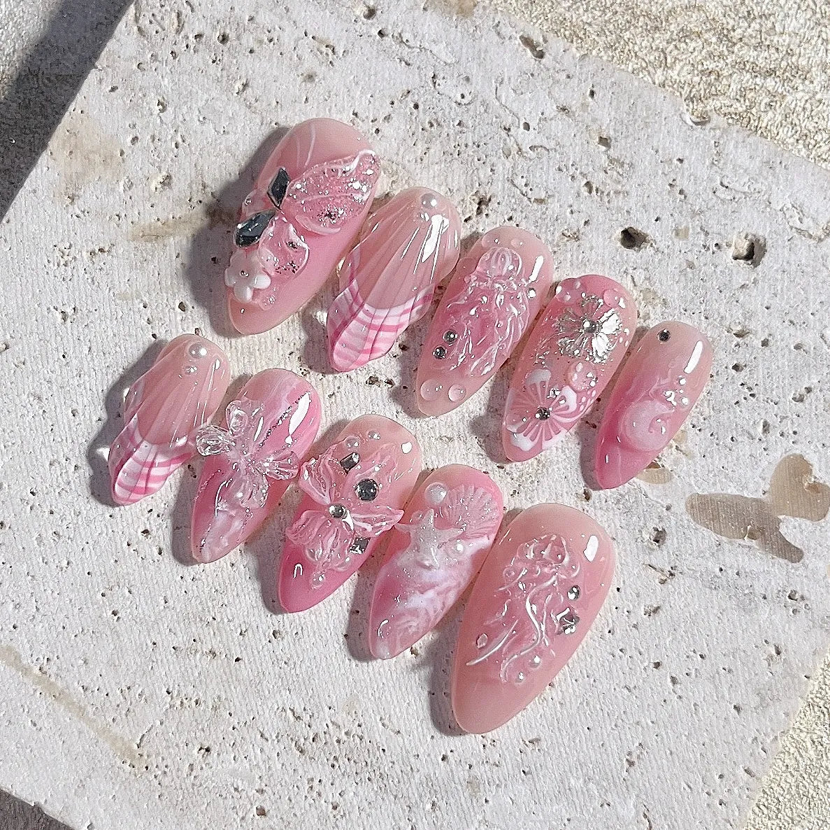 Handmade 3D Pink Butterfly Sea Shell Floral Pearl Gem Press on Nails Y87