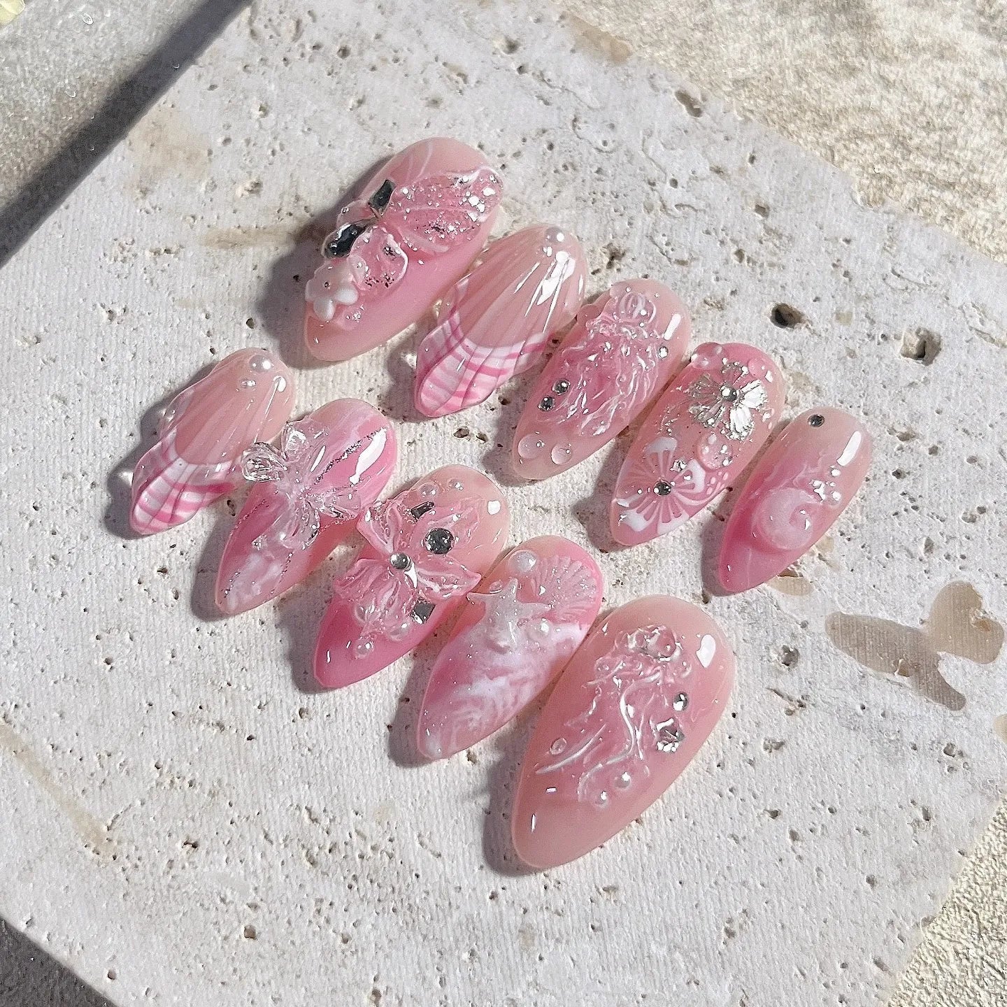Handmade 3D Pink Butterfly Sea Shell Floral Pearl Gem Press on Nails Y87
