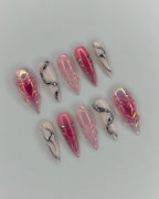 Handmade 3D Pink Chrome Heart Snake Y2K Reusable Press on Nails N12