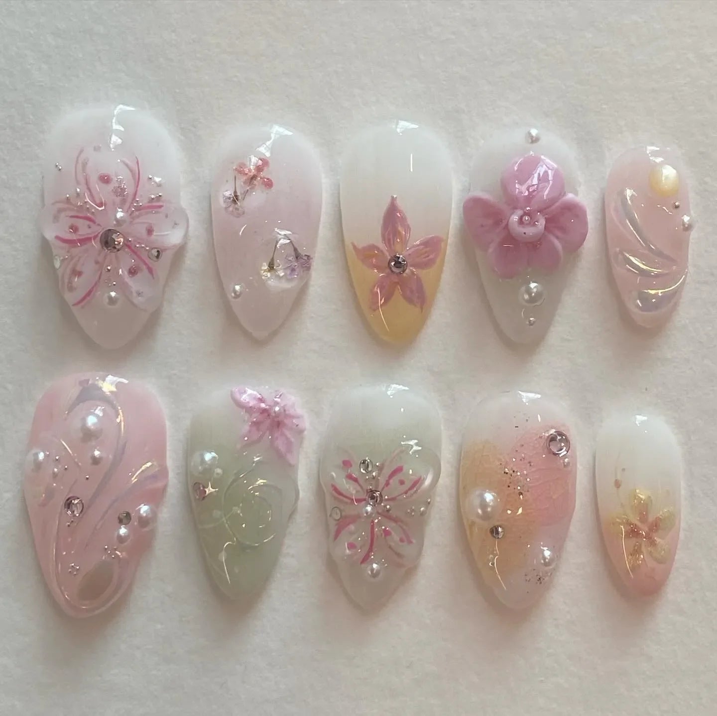 Handmade 3D Pink Floral Pearl Rhinestone Pastel Dreamy Sheer Press on Nails M16